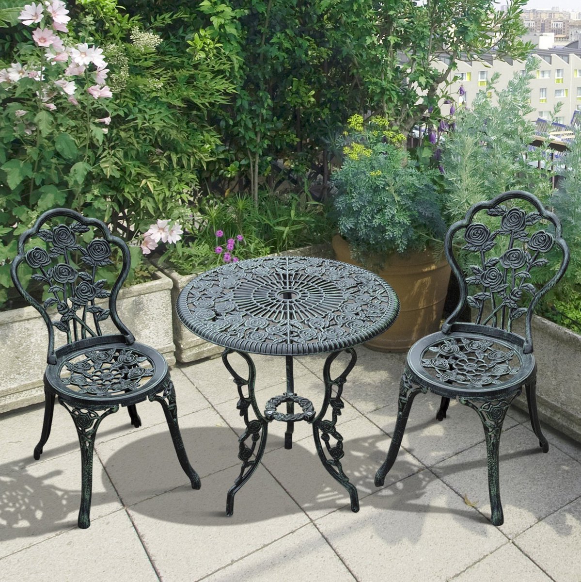 REDOM - Bistroset - 2-zits tuinset - Gietaluminium - Antiek groen - Balkon en terras - Ronde tafel - 82 cm hoog - 67 x 67 x 16,5 cm