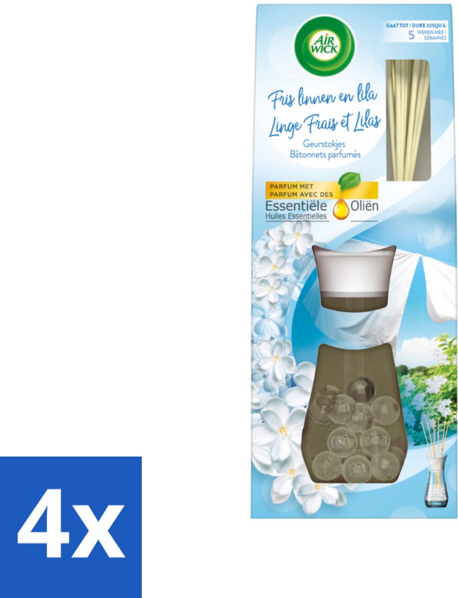 4 x Air Wick - Geurstokjes - Soft Cotton - Essentiële Oliën - 33 ml - Geurstokjes - Air Wick - Katoen Geur - Essentiële Oliën - Kamergeur