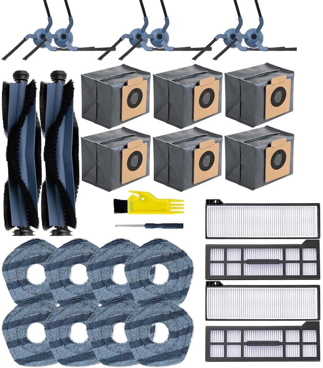 casalora® - stofzuigeraccessoires - Vervangende accessoires geschikt voor de Eufy X10 Pro Omni robotstofzuiger - 28-delige set - 2 hoofdborstels, 6 zijborstels, 4 HEPA-filters, 6 stofzakken, 8 dweilpads - Stofzuigerzakken