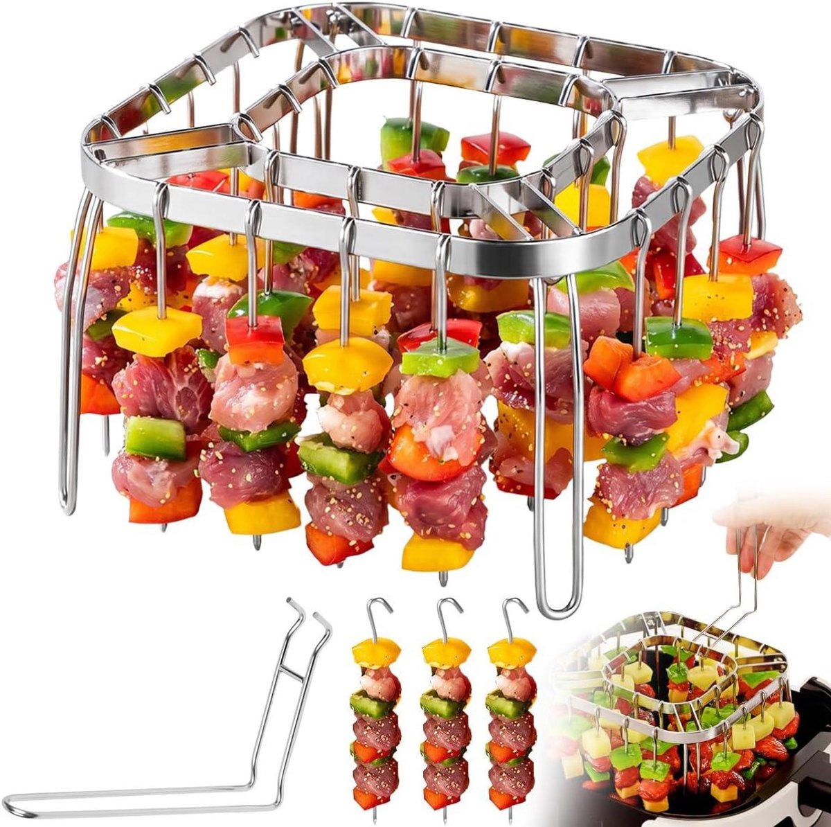 longziming - Opvouwbaar Spiesenrek voor Airfryer - RVS Spieshouder met 28 Spiesen - Spiesenstandaard voor Airfryer - BBQ Satéspiesen voor Kip, Kebab en Worst
