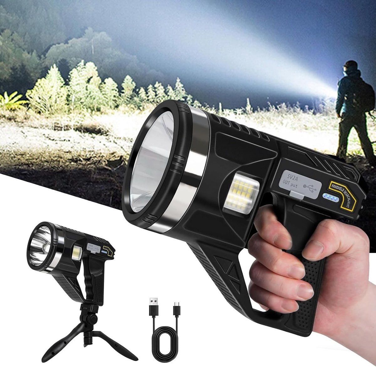 Oplaadbare LED Floodlight met 1500 Lumen, 6 Verlichtingsmodi, IPX7 Waterdicht en 25 Uur Gebruikstijd, Inclusief Verstelbare Tripod voor Buiten en Noodverlichting