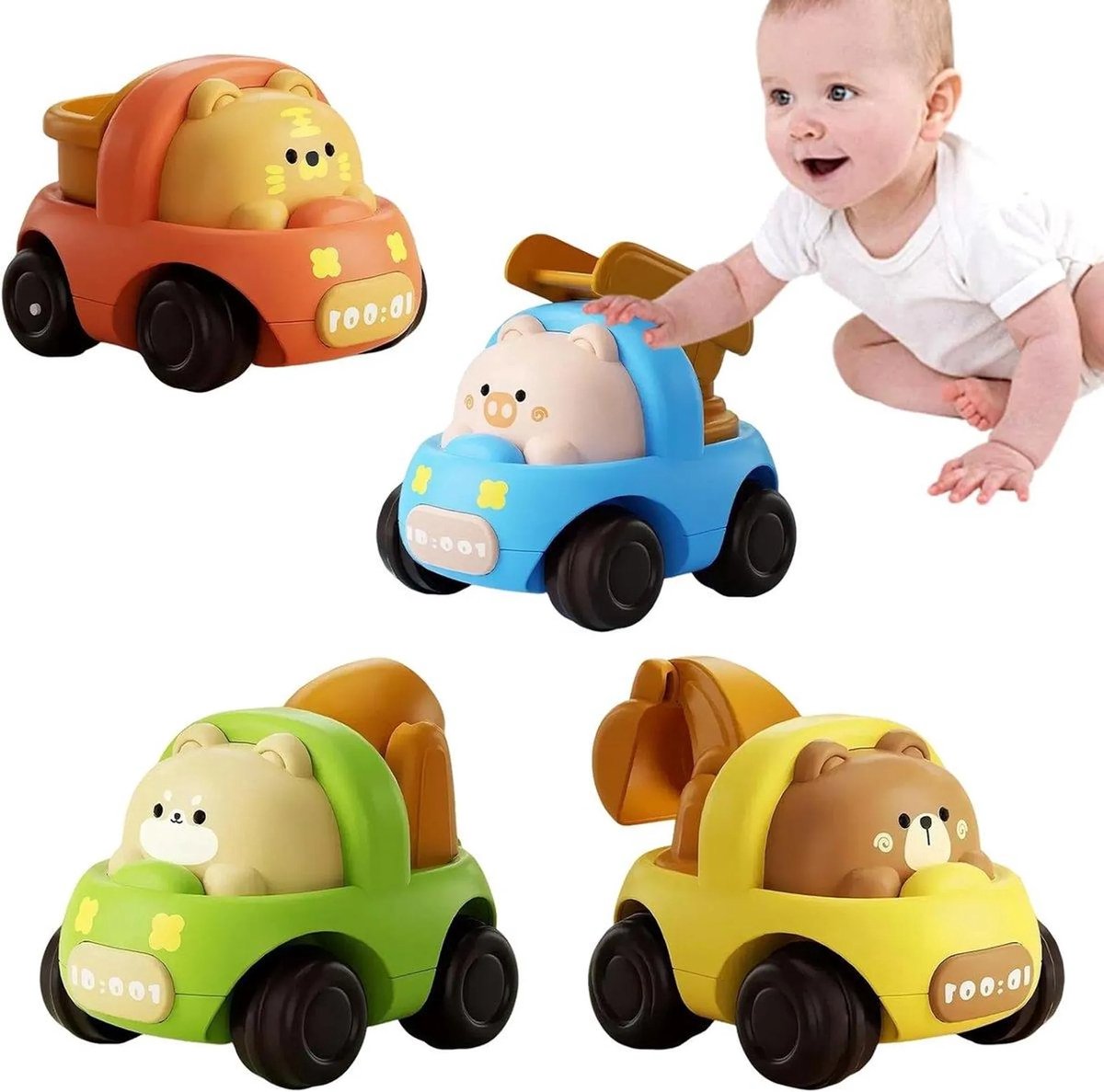 casalora - Speelgoed auto - Vanaf 1 jaar jongens en meisjes - 4 stuks auto speelgoed baby dierenraceauto - Press-and-go speelgoedvoertuigenset voor peuters 10-12-18 maanden - cadeau voor kinderen van 1 2 3 jaar - Baby cadeau