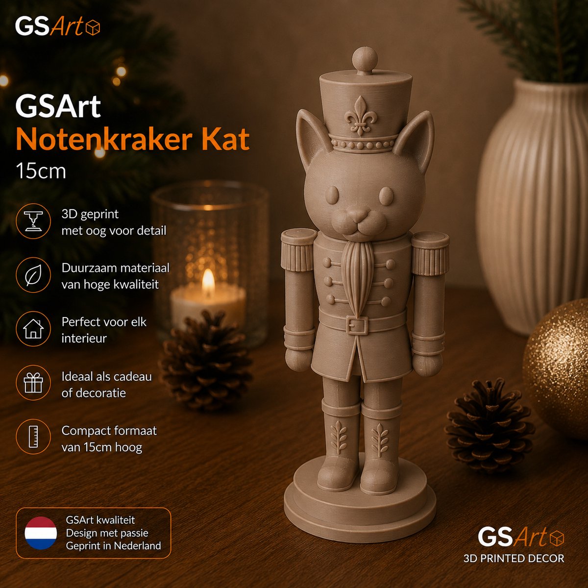 GSArt Notenkraker Kat 15cm – 3D-geprinte kerstdecoratie - Mat Lattebruin