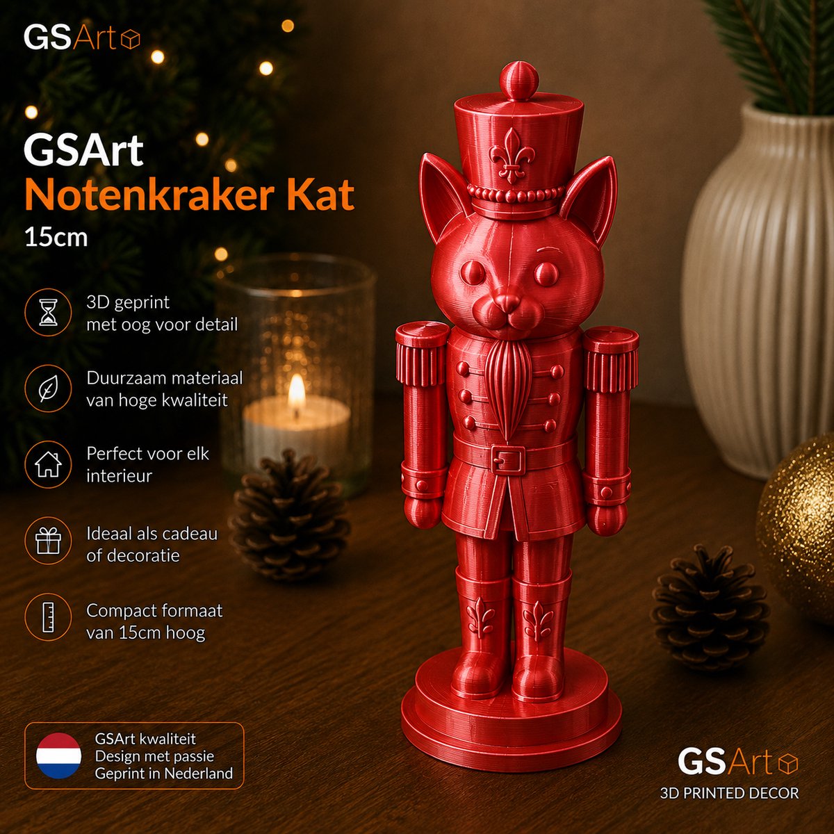 GSArt Notenkraker Kat 15cm – 3D-geprinte kerstdecoratie - Zijde Rood