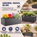Donkergrijze plantenbakken, 80 liter, met bloemen en planten op balkons en terrassen. 'Geprüfte Qualität' logo.
