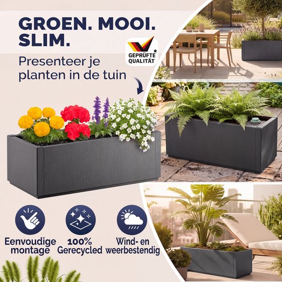 Donkergrijze plantenbakken, 80 liter, met bloemen en planten op balkons en terrassen. 'Geprüfte Qualität' logo.