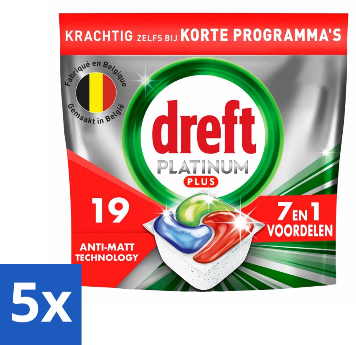5 x Dreft - Vaatwastabletten - Platinum Plus All-in-One - Krachtige reiniging - 19 Tabletten - Vaatwasmiddel - Vaatwastabletten - Glans Herstellen - Vaat Reinigen - Vaatwasser