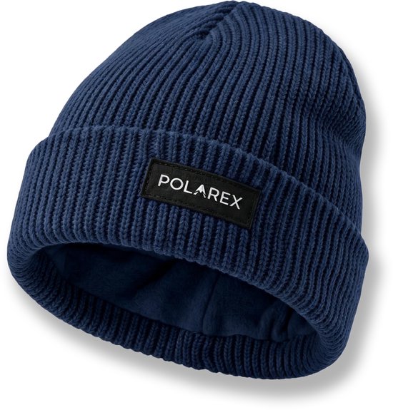 Marineblauwe gebreide muts met een POLAREX-label en een zachte fleece voering.