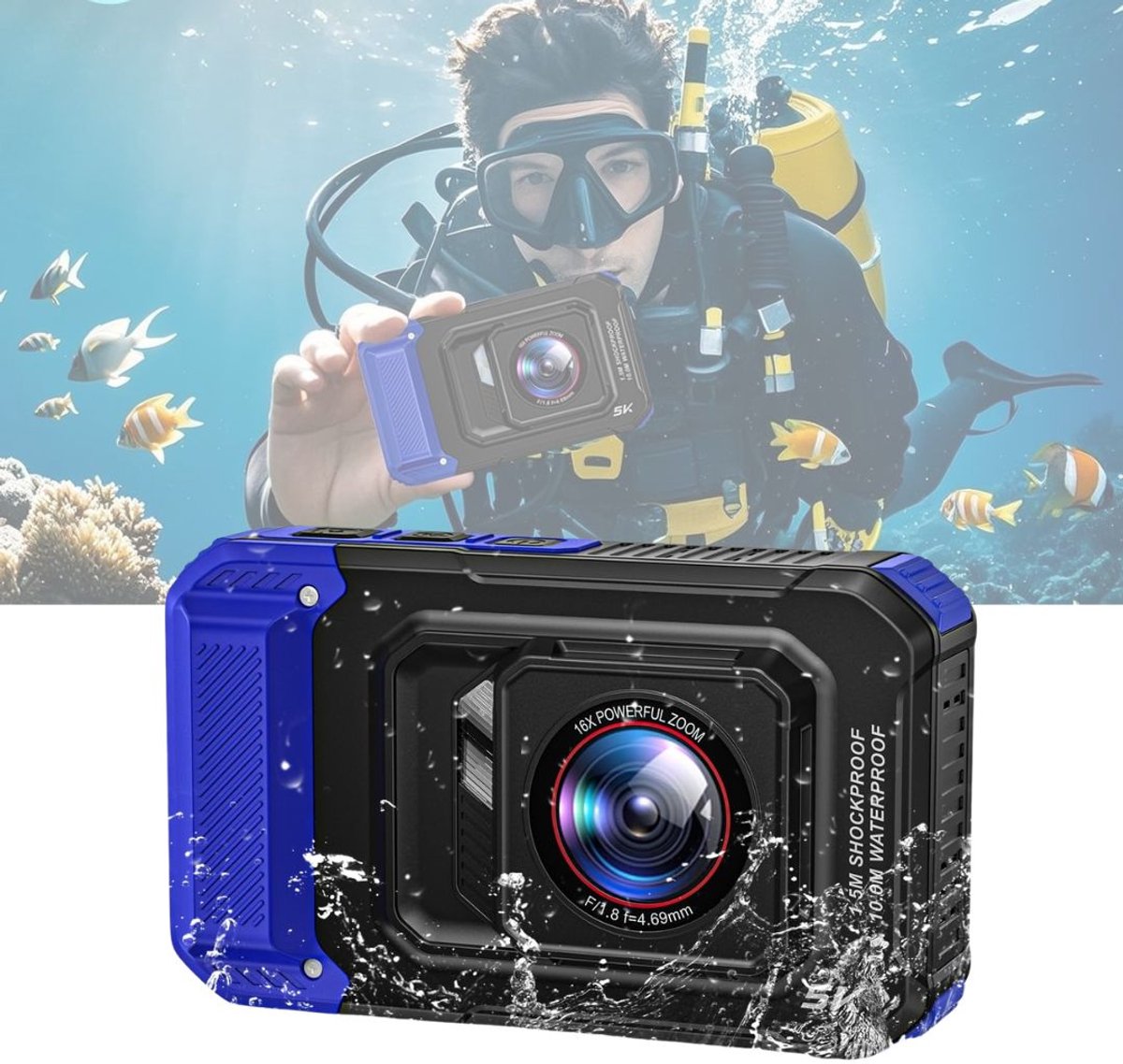 CRLYN® Onderwatercamera - Actiecamera Waterdicht - Camera voor Onderwater -Zwart met blauw