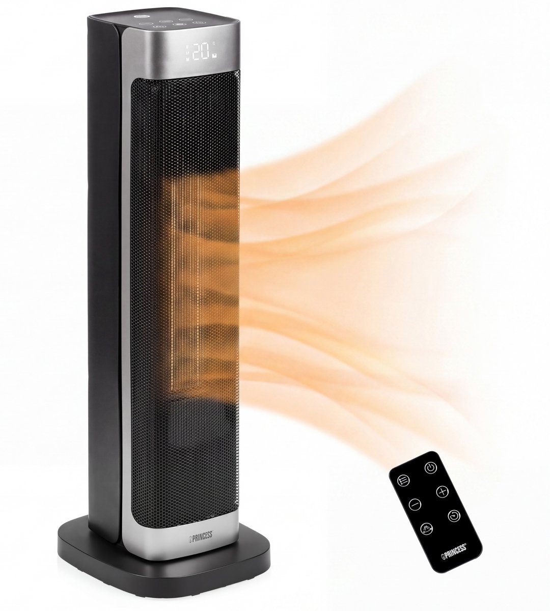 Princess Keramische Kachel - Ceramic Heater - 2200W - Instelbare Thermostaat - Timer 1-24 uur - Oscillatie 60° - Afstandsbediening - Zwart/Zilver - 344559