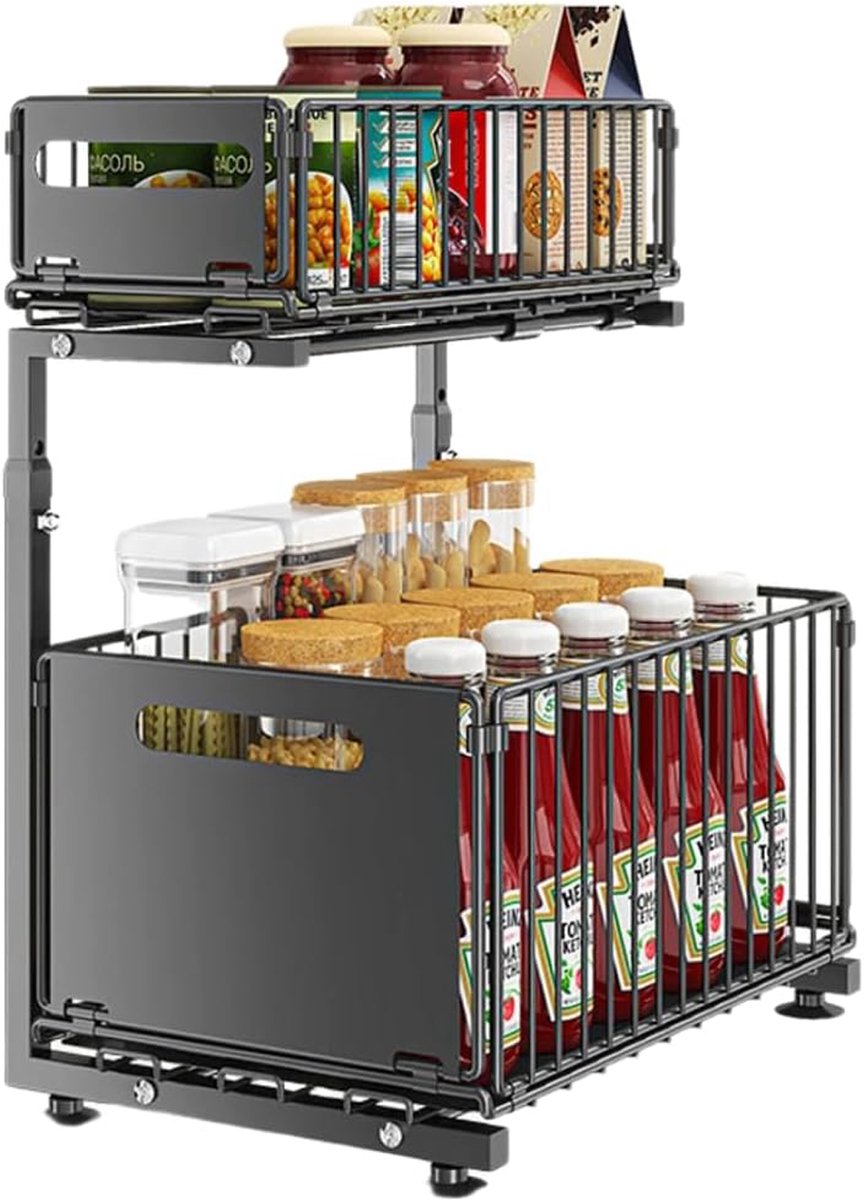 MODFU Gootsteenkast Organizer – 2 Lagen – 41x38x26.5 cm – Ruimtebesparend Rek voor Onder de Gootsteen – Keukenopbergrek voor Schoonmaakmiddelen & Kruiden – Staal – Zwart