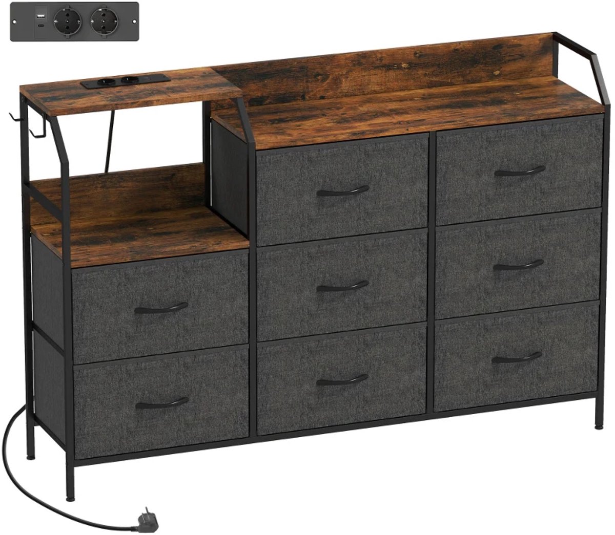 Dressoir - Ladekast Met 8 Stoffen Lades - Stalen Frame - Laadstation - Rustiek Bruin En Zwart