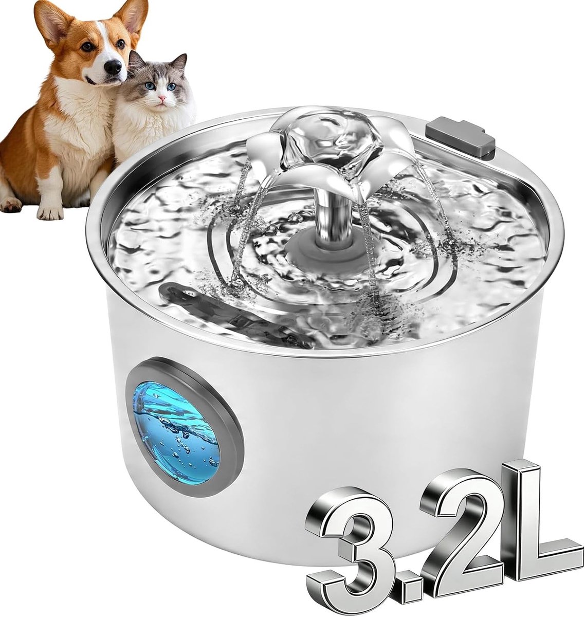 Drinkfontein voor katten en honden, roestvrij staal, 3,2 l, met waterniveauvenster en 2 reservefilters, ideaal voor hydratatie en gezondheid