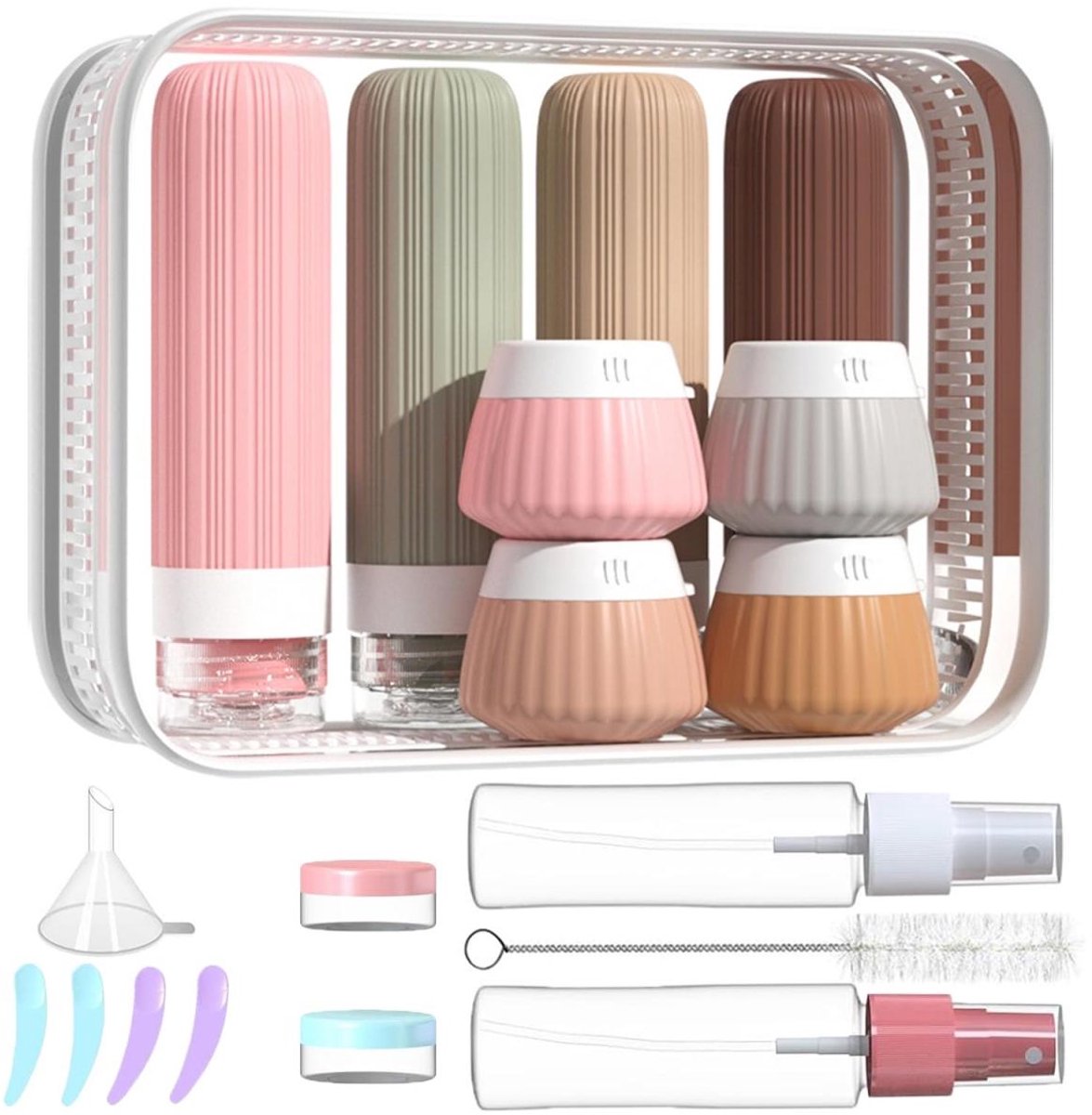 SSTRWGOOD 18-delige Siliconen Reisflacons Set - Uitloopveilige Hervulbare Cosmeticaverpakking - TSA-goedgekeurd - Geschikt voor Vloeibare Shampoo, Conditioner en Lotion - Zachte Silicone Materiaal - Inclusief Trechter en Borstel - Roze