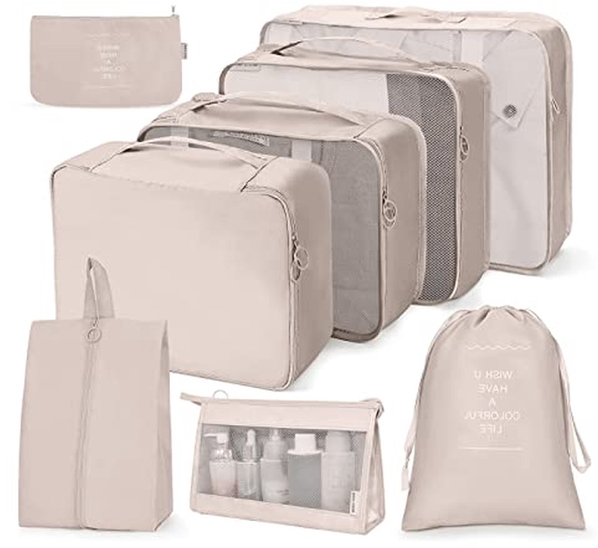 Koffer Organizer Set - Reis Tassen - Reis Bagage - Waterdicht Nylon Materiaal - 8 Delig - Beige