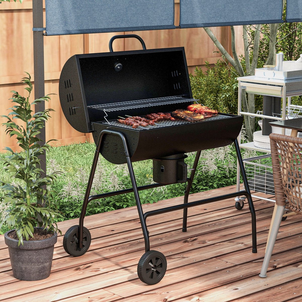 REDOM- BBQ smoker - Met deksel en thermometer - Verstelbare kolenbak - Asopvangbak - Metaal - 95 x 71,5 x 102 cm