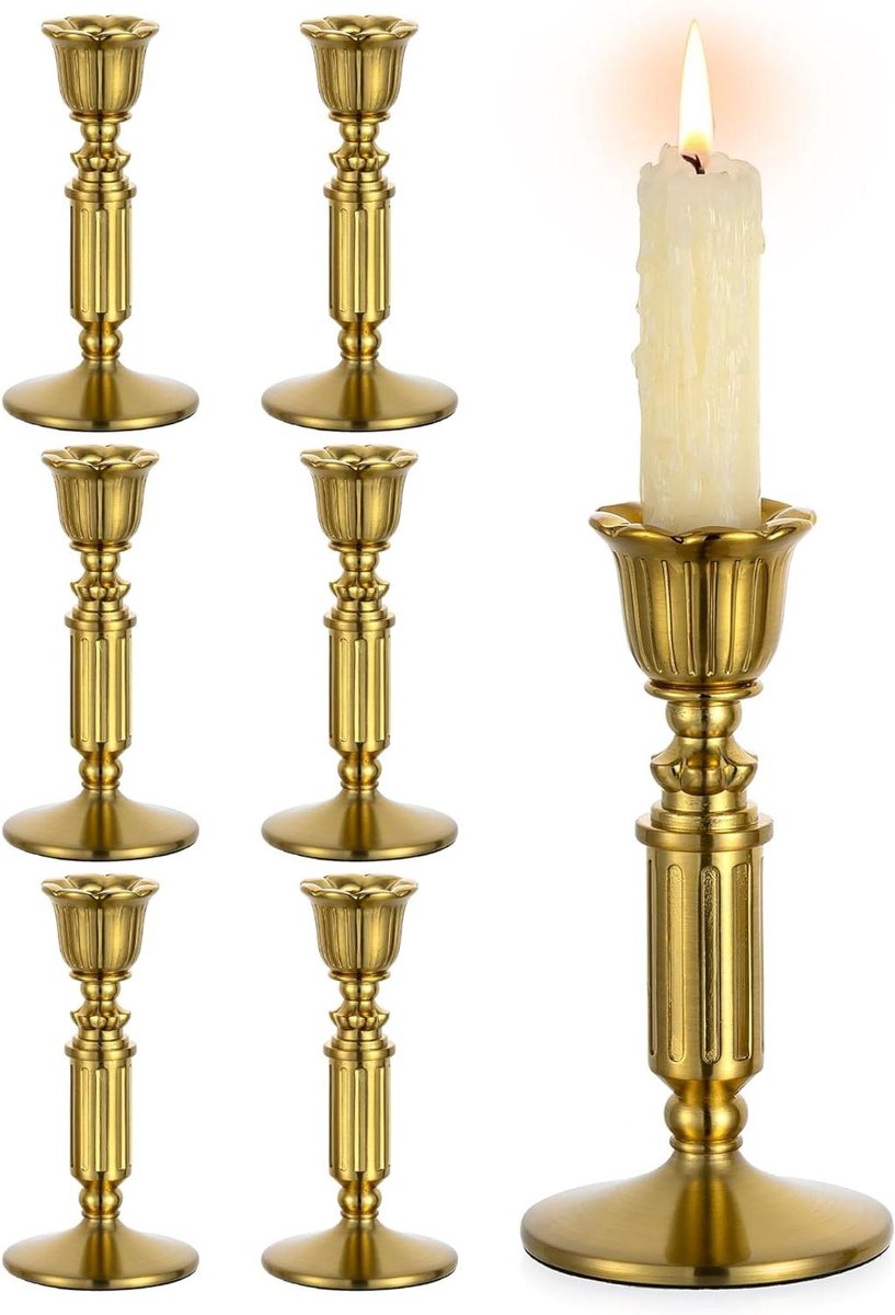 Vintage Kandelaars - Kaarsen Houders - Tafel Decoratie - Geborsteld Metaal - Set van 6 - Messing Goud