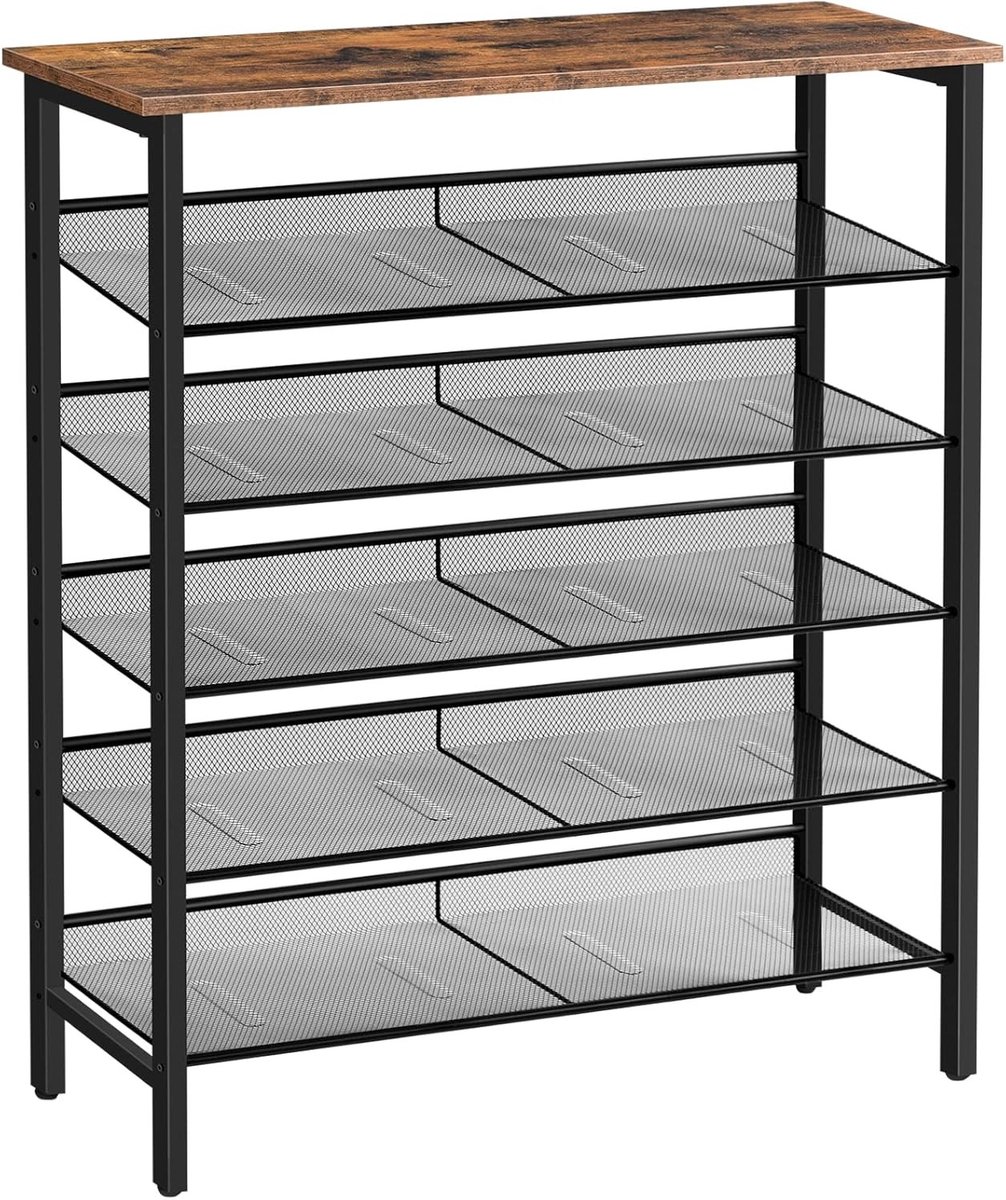 6-laags schoenenrek, verstelbaar en stabiel, voor 18-24 paar schoenen, ideaal voor hal en woonkamer, vintage bruin-zwart ontwerp