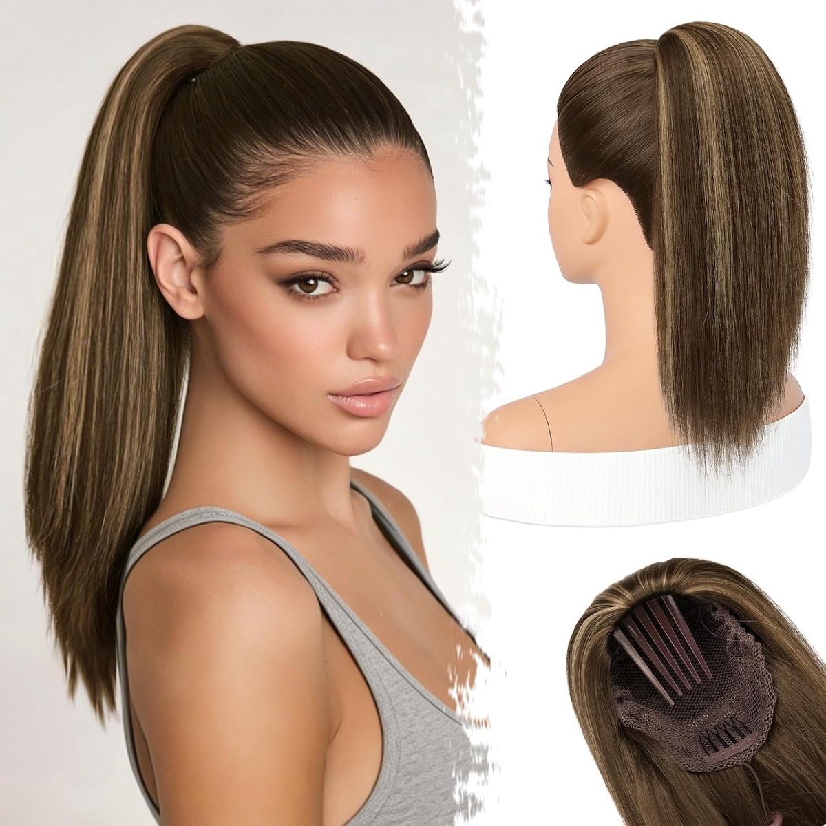 Korte Stevige Ponytail Extensions van 40 cm, Natuurlijk en Synthesisch Haar voor Cheerleading en Dagelijks Gebruik - Bruin met Blond