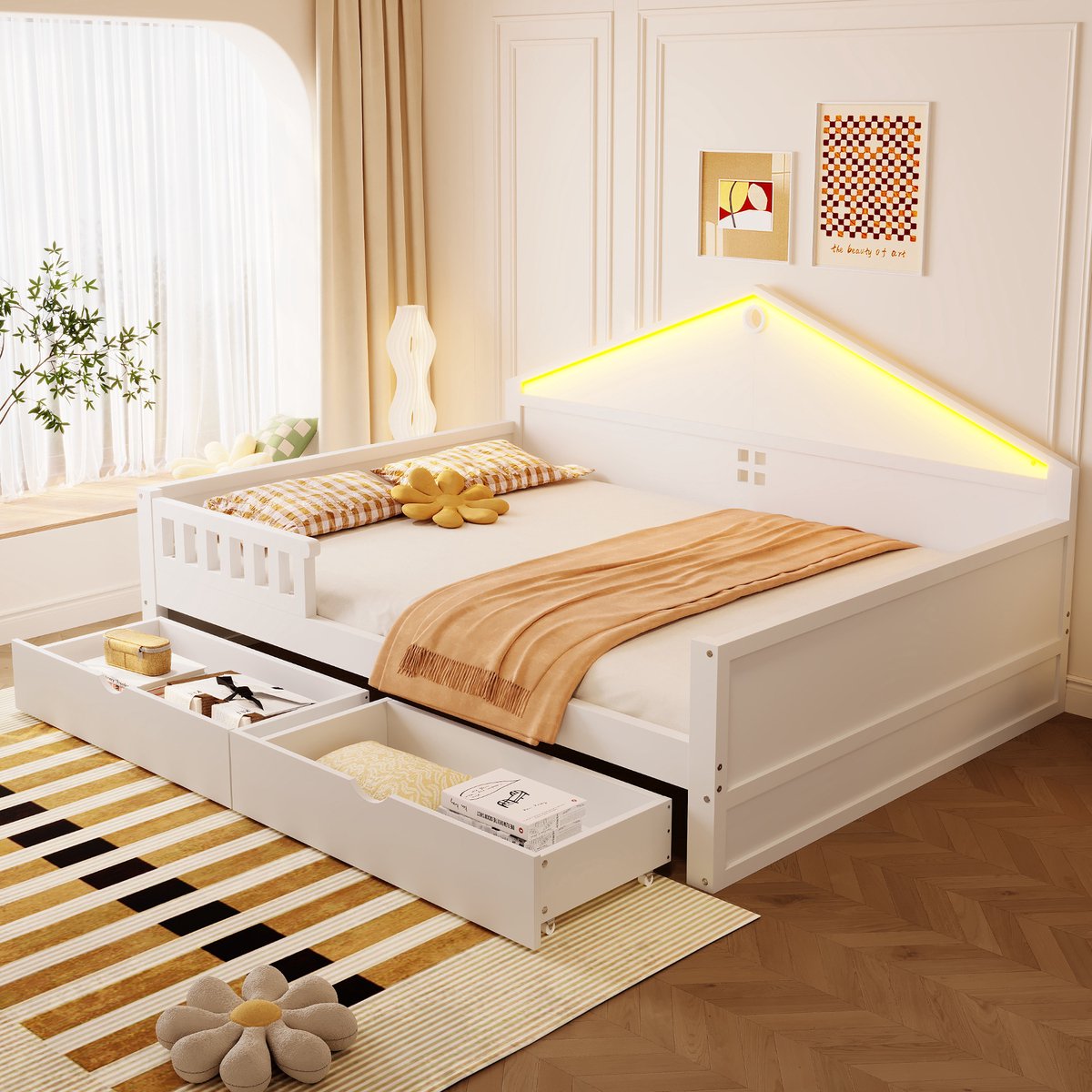 Slaapbank 140x200 cm - Met Opbergruimte - Met Lades - Met LED-verlichting - Wit