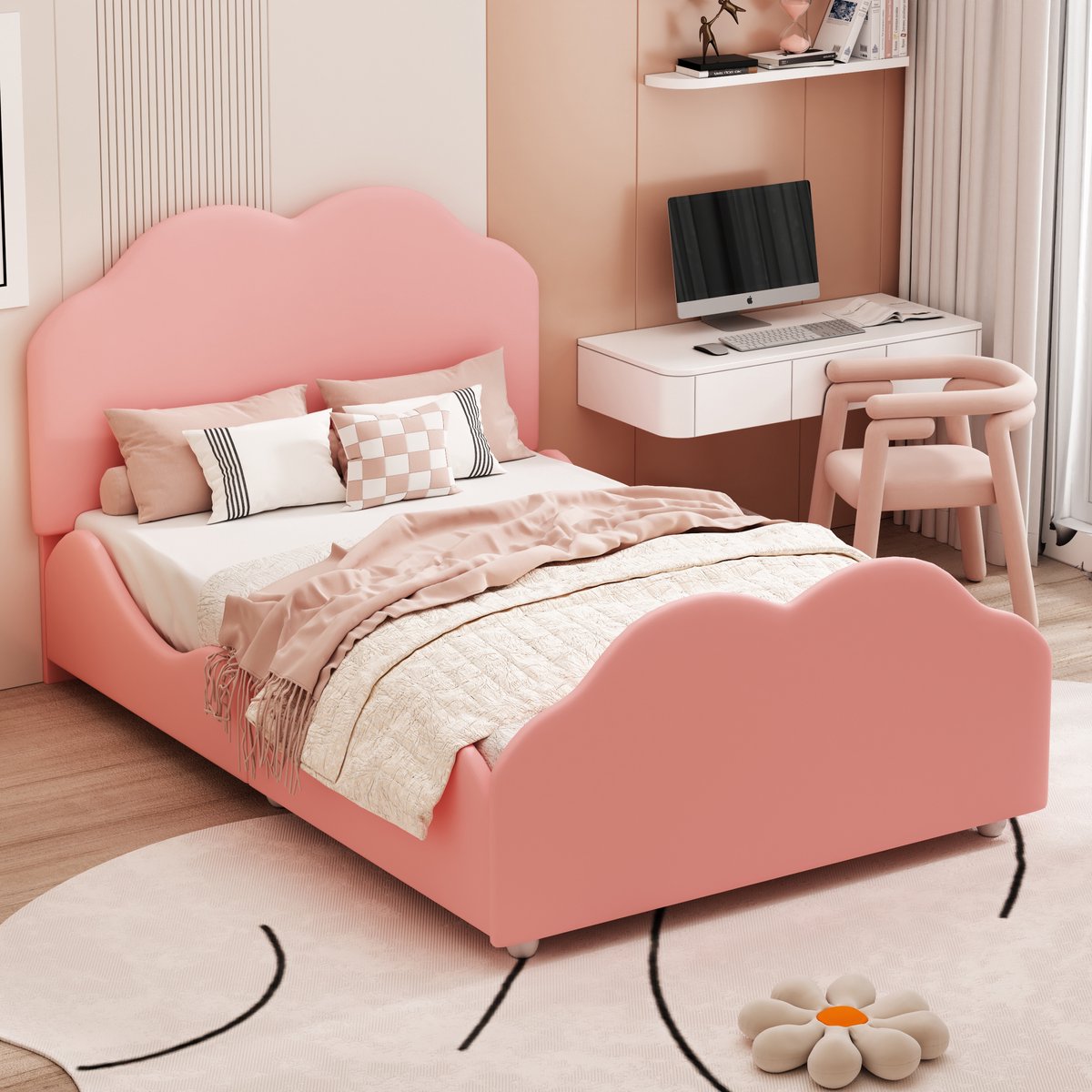 Gepolsterd Kinderbed 90x200 cm - Met Valbeveiliging - Met Fluweel - Roze