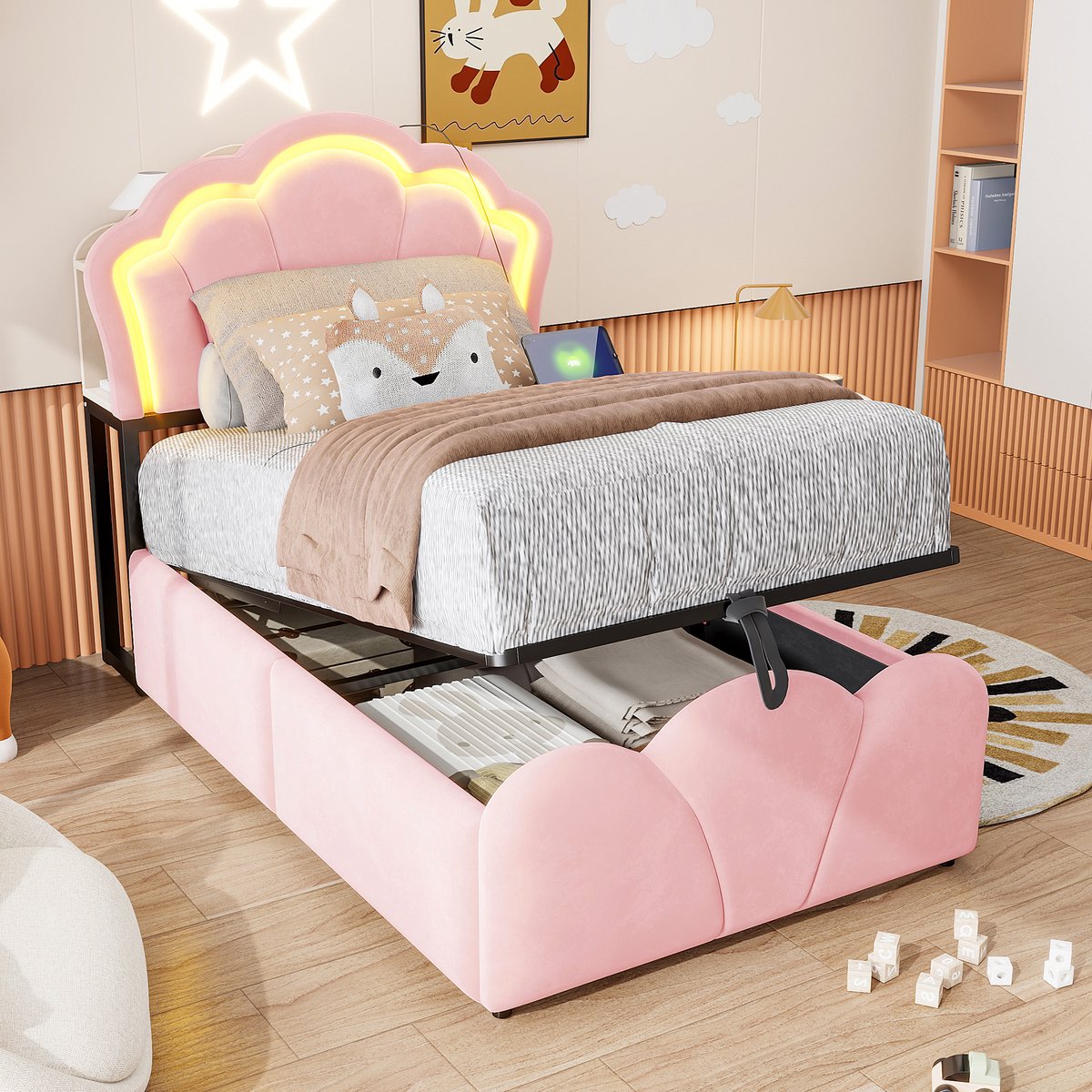 Gepolsterd Bed 90x200 cm - Met Opbergruimte - Met LED-verlichting - Met Stopcontact - Roze