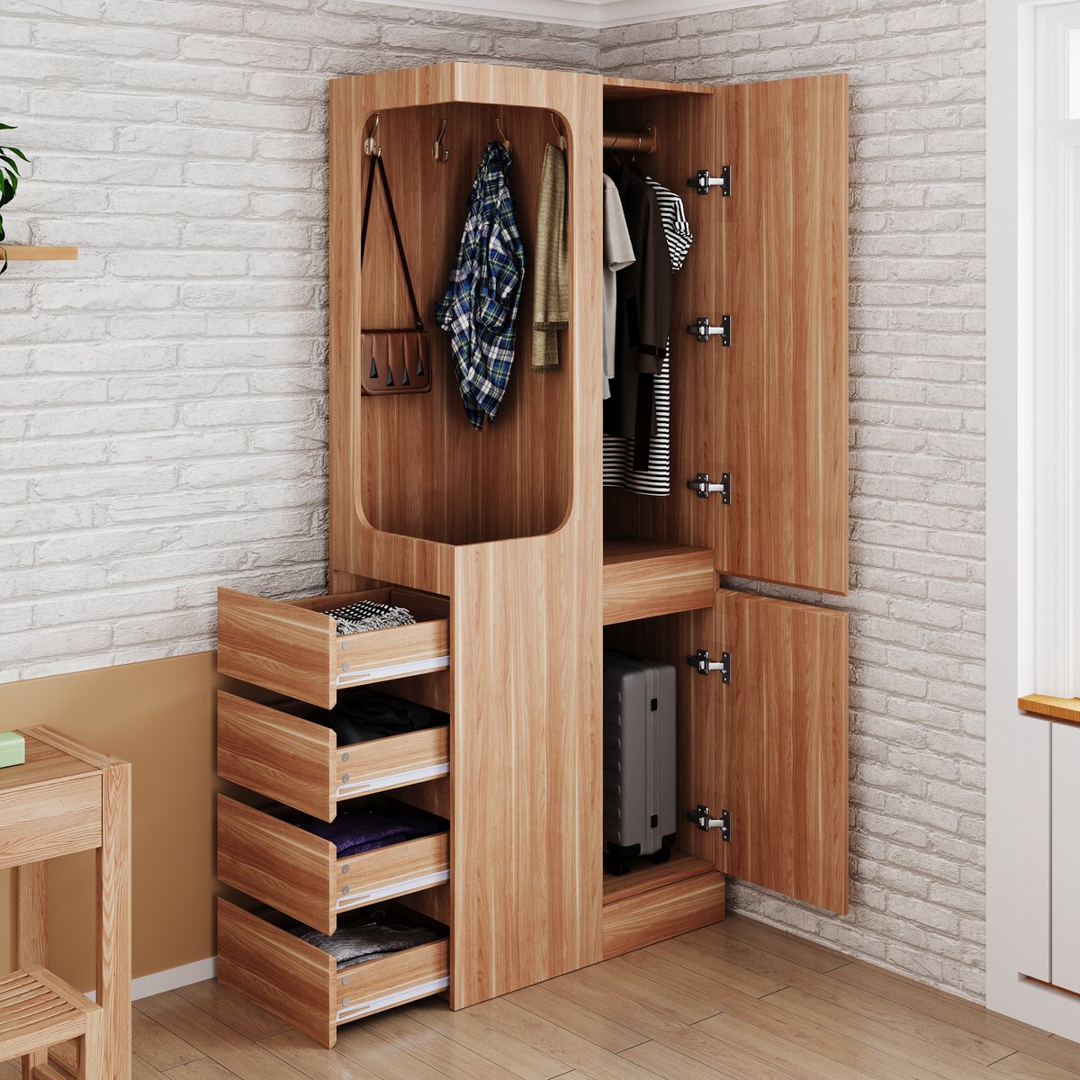 Houten Kledingkast 70x40 cm - Met Opbergruimte - Met Kledingkast - Met Lades - Naturel Hout