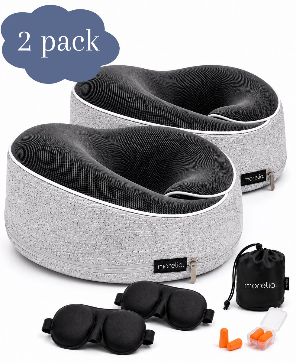 Bol.com Morelia® 2x Volledige Set Nekkussen Licht Grijs - Luxe Reiskussen voor het Vliegtuig en de Auto - Traagschuim aanbieding