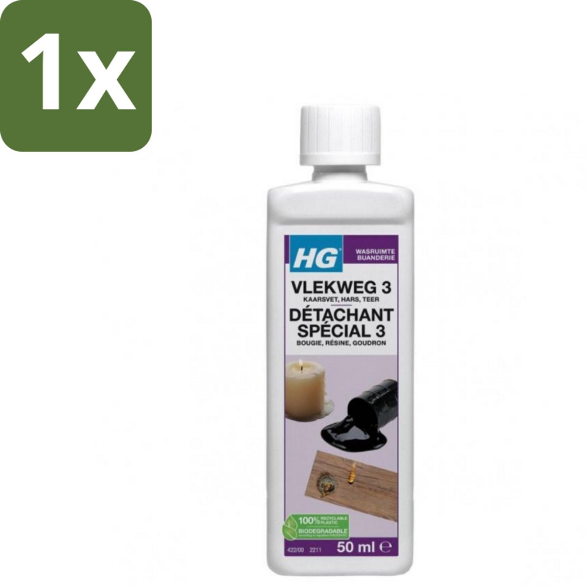 1 x HG - Wasruimte - Vlekweg 3 - Kaarsvet, Hars & Teer - 50 ml - Vlekken Verwijderen - Kaarsvet Verwijderen - Teer Verwijderen - Hars Verwijderen - Textiel Reinigen
