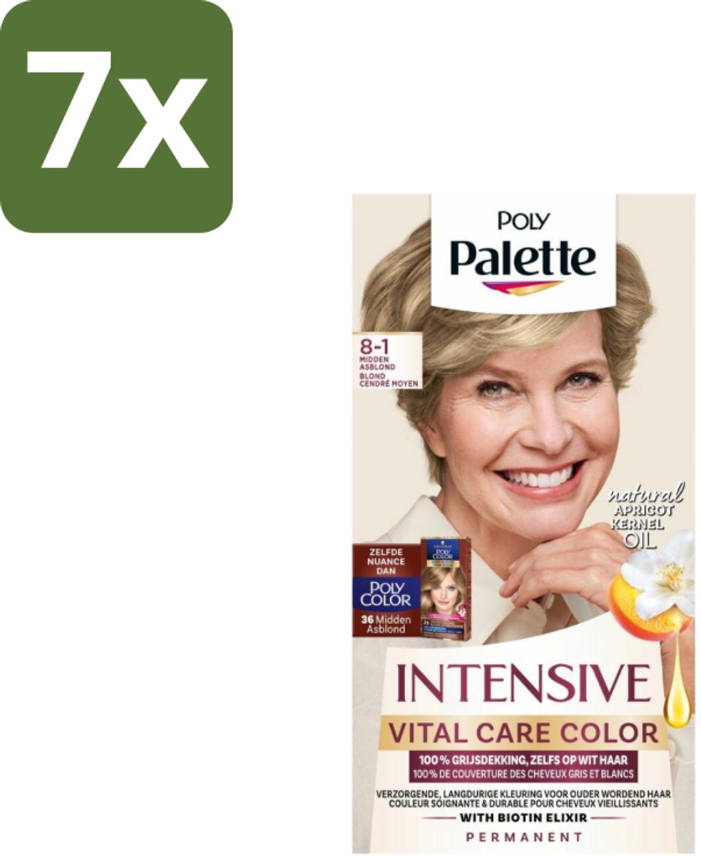 7 x Poly Palette – Haarverf – 8-1 Midden Asblond – 115 ml - Asblond - Grijsdekking - Natuurlijke Kleur - Koel Blond - Haarkleur