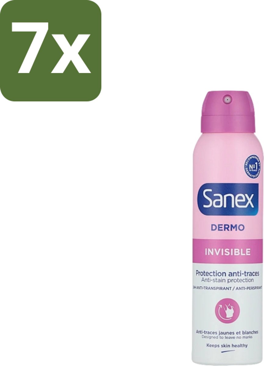 7 x Sanex – Deodorant Spray – Dermo Invisible – 150 ml - Onzezichtbare Deodorant - Deodorant Spray - Transpiratieregulatie - Huidbescherming - Strepenvoorkomend