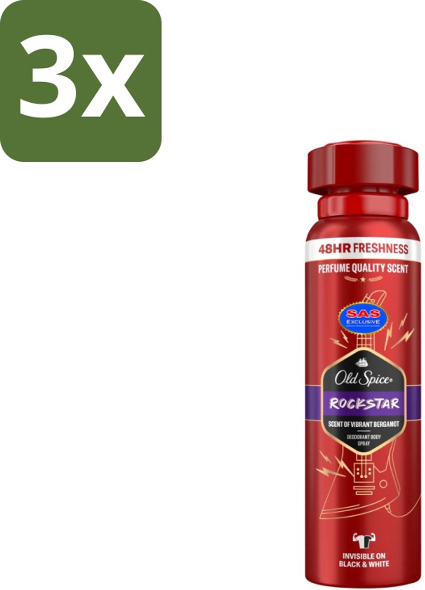 3 x Old Spice – Deospray – Rockstar – 150 ml - Old Spice Rockstar - Deodorant Spray - Frisheid - Lichaamsgeur - Energie