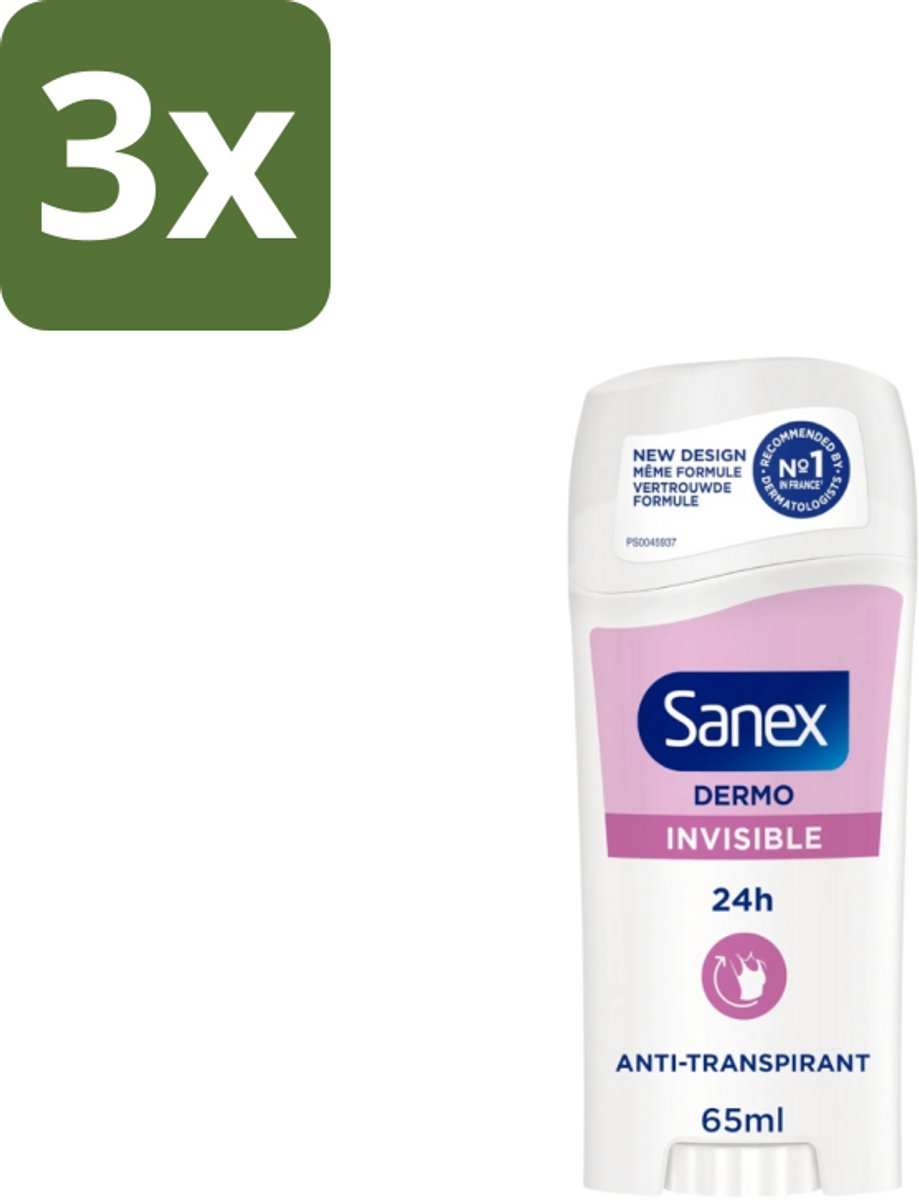 3 x Sanex – Deodorant Stick – Dermo Invisible – 65 ml - Onzezichtbare Deodorantstick - Deodorantstick - Onzichtbare Deodorant - Huidvriendelijke Deodorant - Frisheid