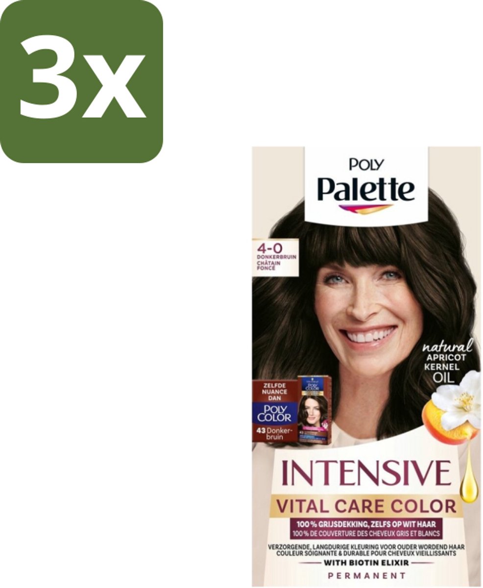 3 x Poly Palette – Haarverf – 4-0 Donkerbruin – 115 ml - Haarkleur - Haarkleuring - Grijsdekking - Donkerbruin - Haarverzorging