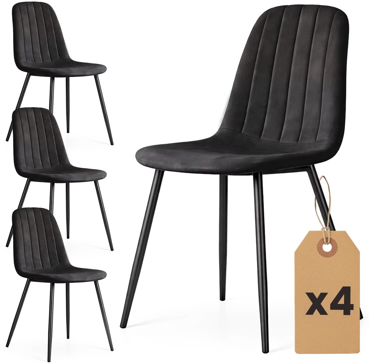 Set van 4 Velours Eetkamerstoelen – Zwart Gestoffeerde Stoelen met Gewatteerde Zitting – Moderne Eetkamerstoelen met Zwarte Poten