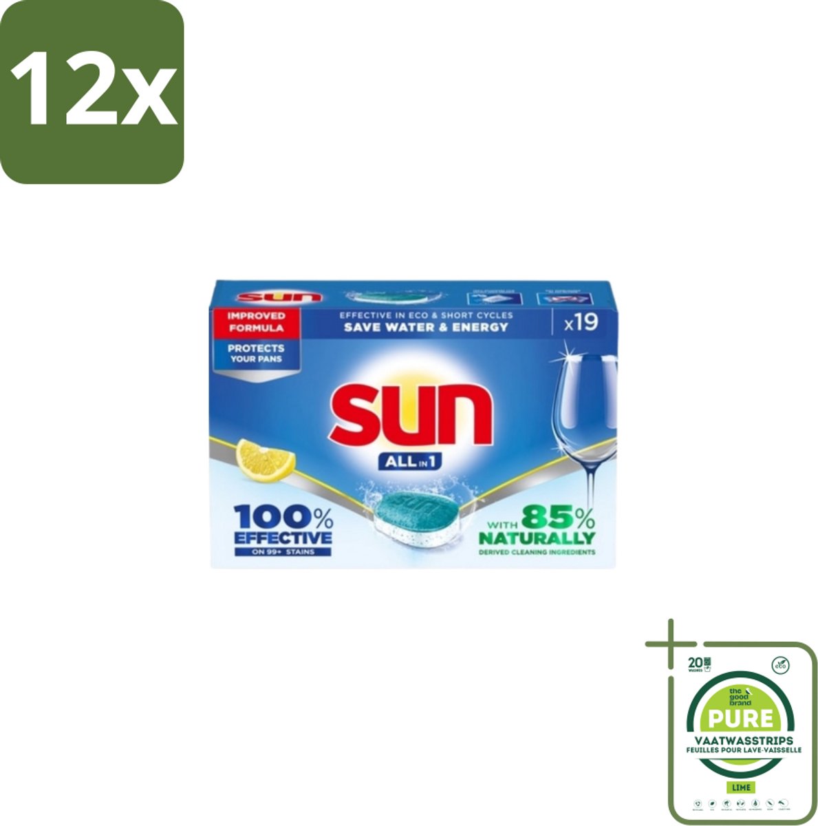 Sun – Vaatwastabletten – All-in-1 Citroen – 19 tabletten - Voordeelverpakking - 12 stuks - Vaatwastabletten citroen - Vaatwasmiddel citroen