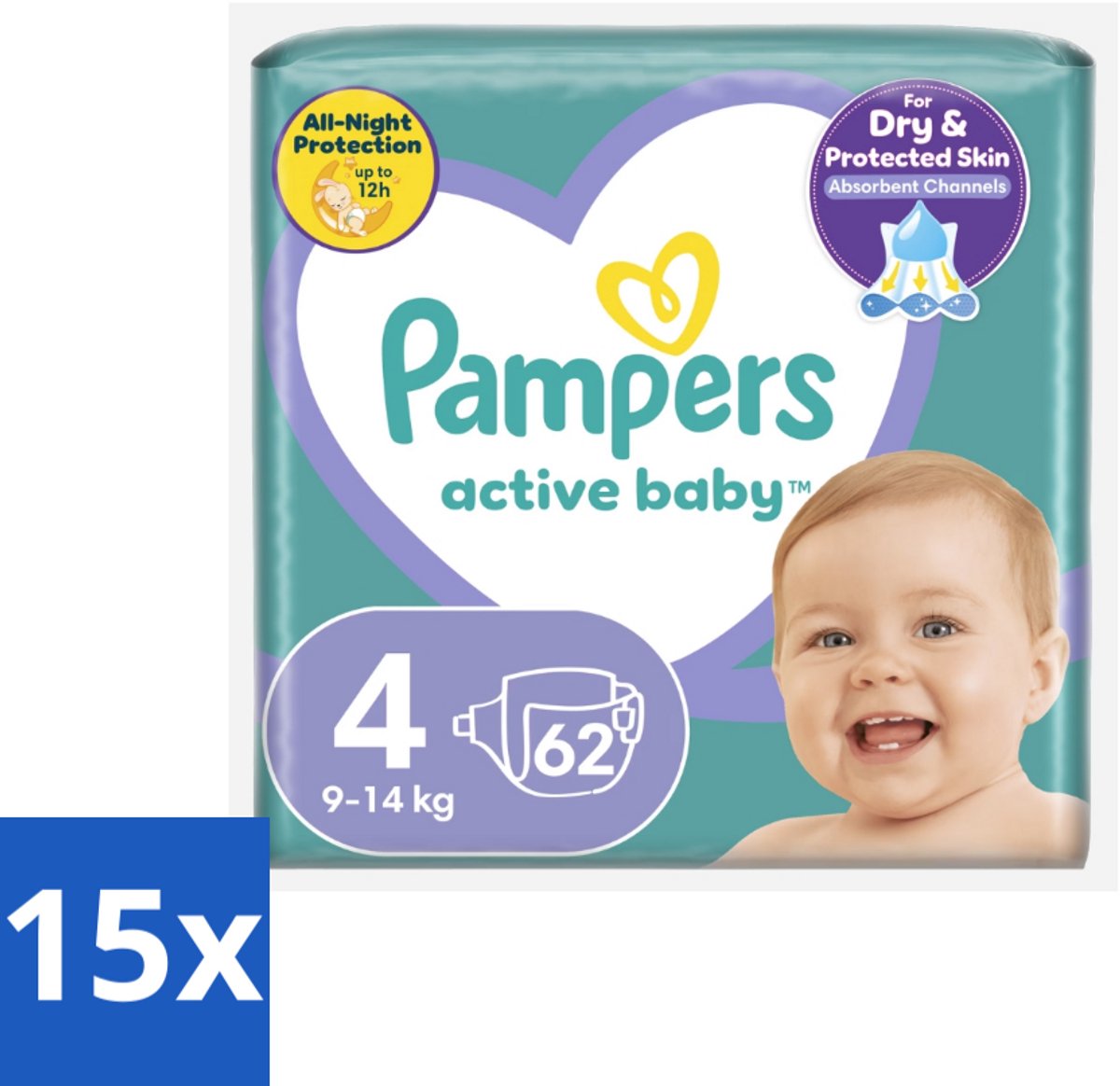 Pampers – Luiers – Active Baby Maat 4 (9-14 kg) – 62 Luiers - Bulkverpakking - 15 stuks