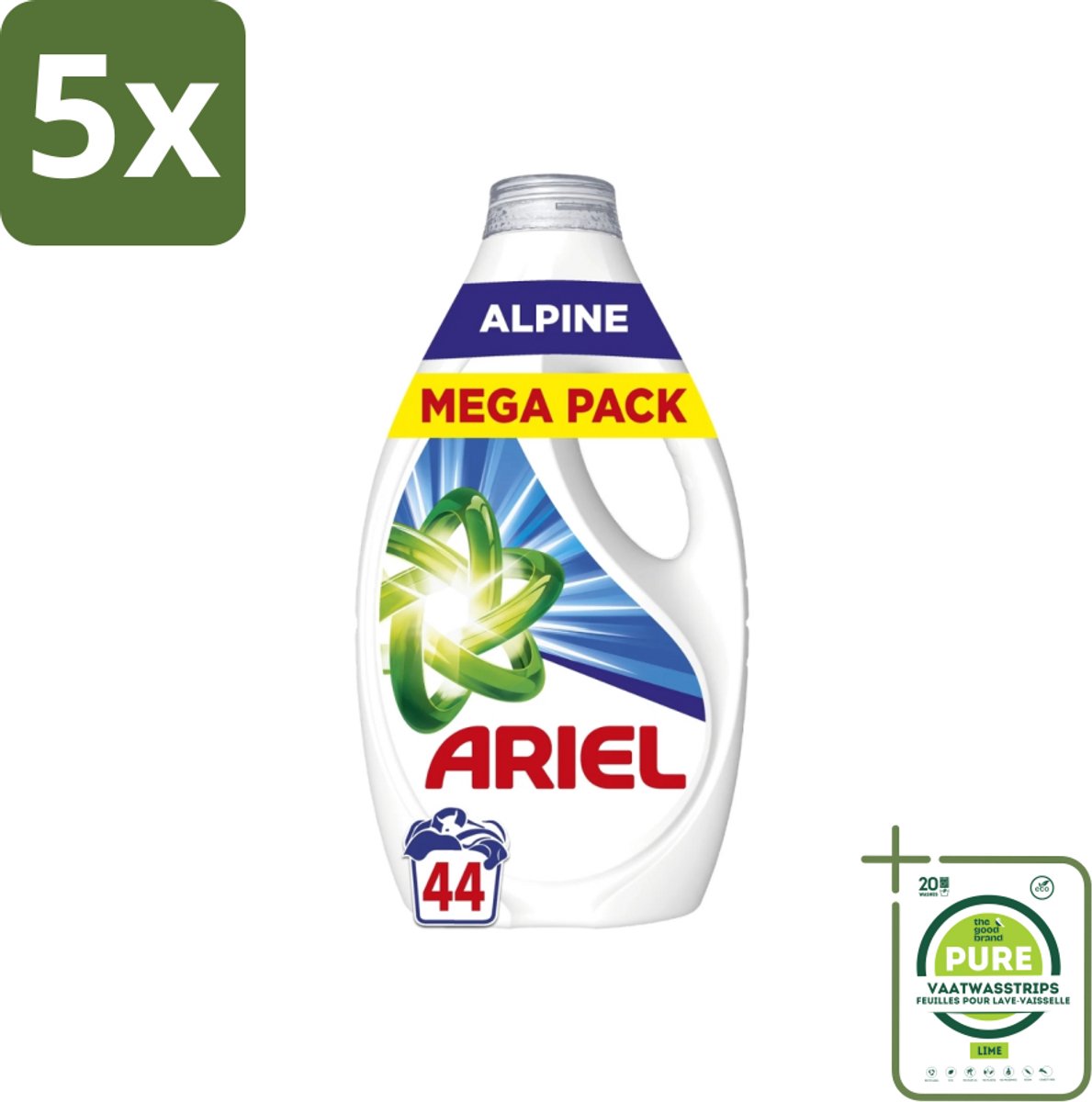 5 x Ariel – Vloeibaar Wasmiddel – Alpine – 1980 ml – 44 wasbeurten - Grootverpakking - Vloeibaar Wasmiddel - Vlekverwijdering - Koud Wassen - Ariel Alpine - Wasmiddel 1980 Ml
