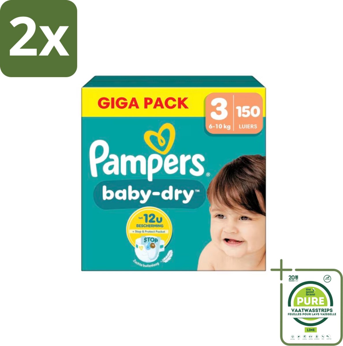 Pampers – Luiers – Baby Dry Maat 3 – 150 Luiers - Voordeelverpakking - 2 stuks - Baby-dry luiers - Lekken voorkomen