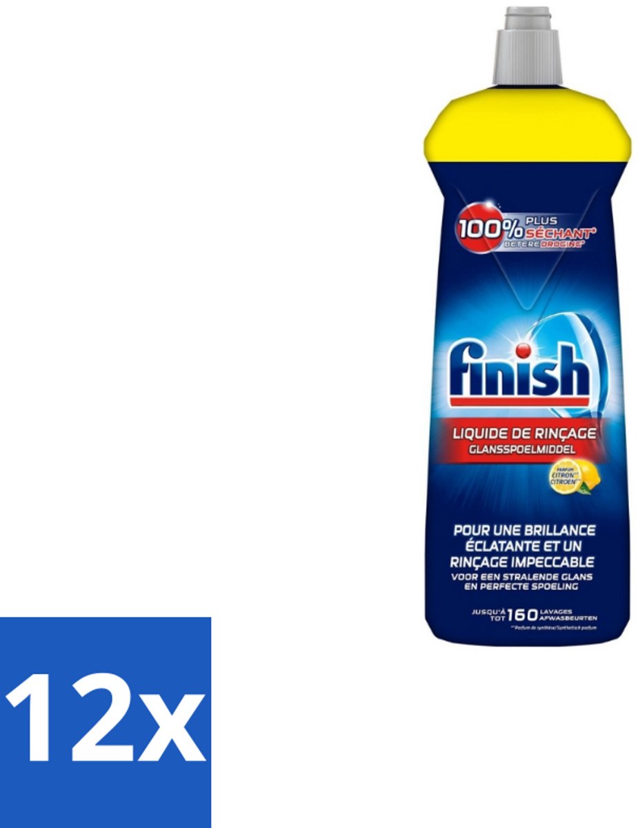 12 x Finish – Glansspoelmiddel – Citroen – 800 ml - Glansmiddel - Vaatwasser - Citroen - Glanzende Vaat - Droogt Snel