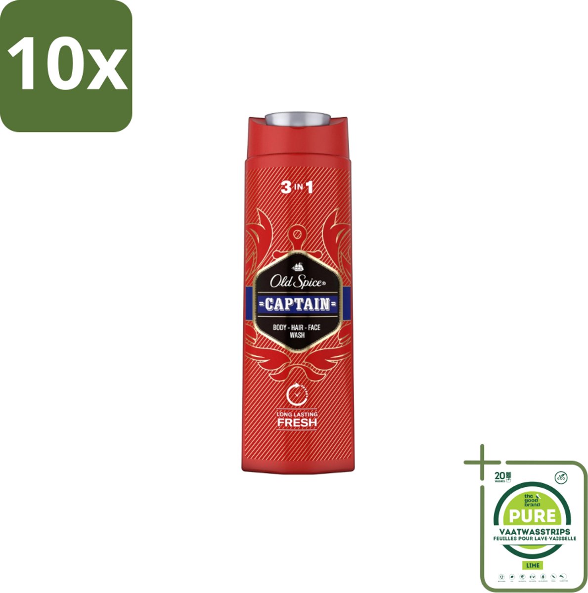 10 x Old Spice – Douchegel – Captain – 400 ml - Grootverpakking - Douchegel Voor Mannen - Gezichtsreiniging - Haarreiniging - Lichaamreiniging - Fris Geur
