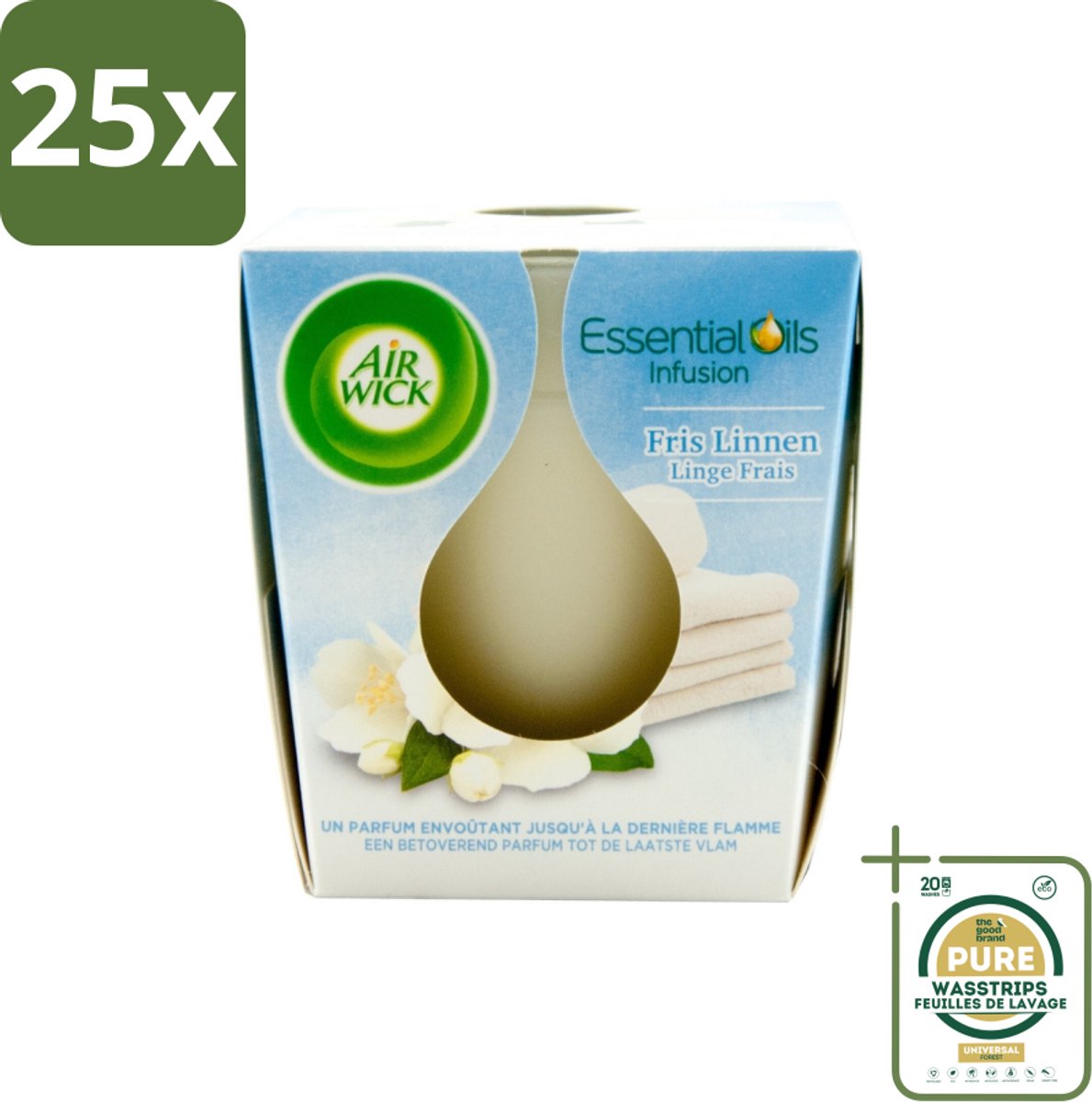 25 x Air Wick – Geurkaars – Fris Linnen met Essentiële Oliën – 105 g - Grootverpakking - Geurkaars - Fris Linnen - Essentiële Oliën - Sfeer In Huis - Warme Sfeer