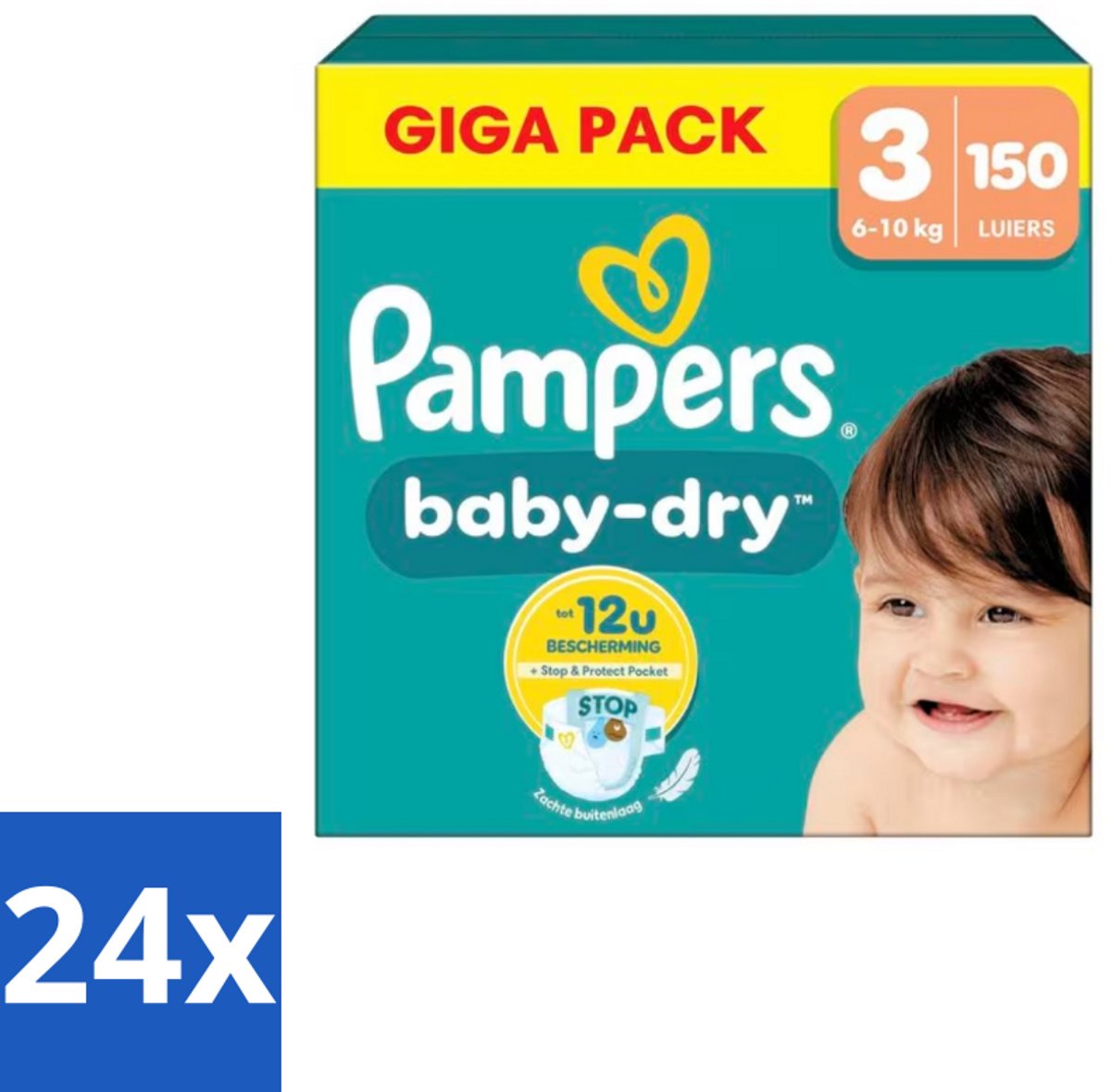 24 x Pampers – Luiers – Baby Dry Maat 3 – 150 Luiers - Baby-dry Luiers - Lekken Voorkomen - Droge Nachten - Comfortabele Luiers - Stop En Bescherm Pocket