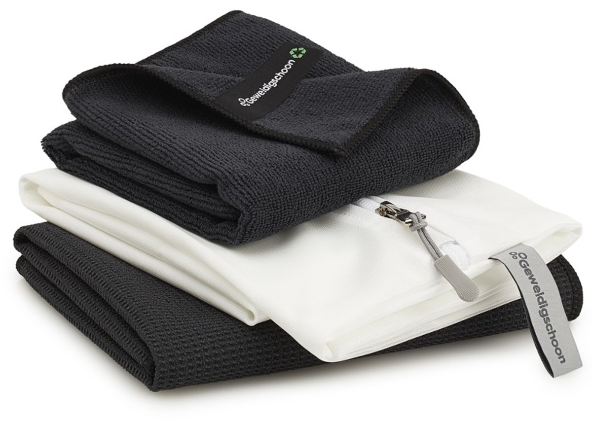 Geweldigschoon Raamdoekenset - Schoonmaakdoek, droogdoek en waszak - Microvezeldoeken - Maat M - Zwart