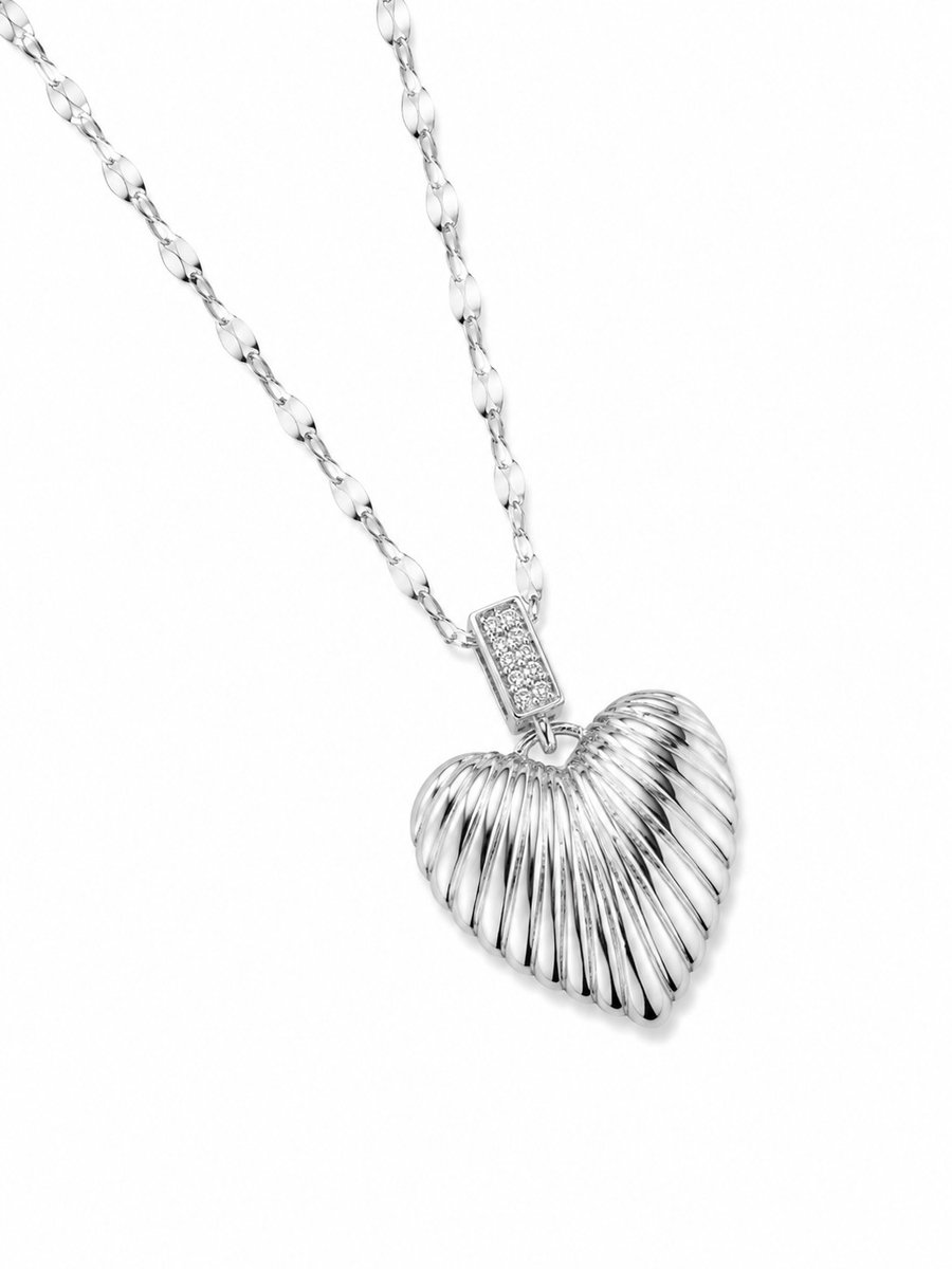 Ketting Meisje- Meisjesketting Hartje- Groot Hart- Hartje Reliëf - Zilverkleurige ketting meisje- Tienerketting- Stainless Steel- RVS- Ketting met hart- Kind- LiLaLove