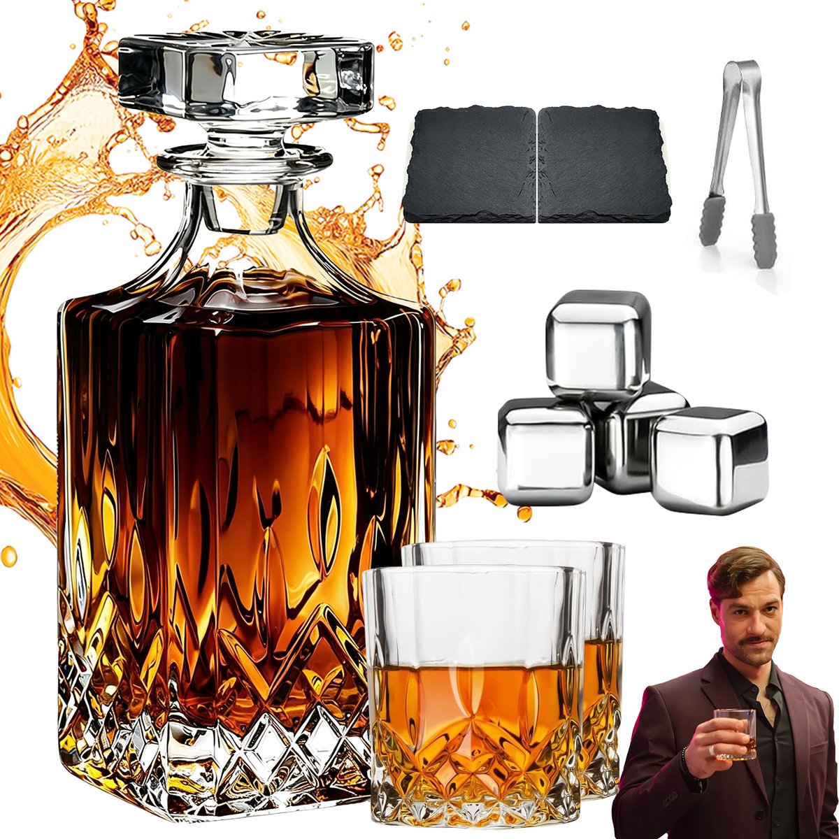 Whiskey Set - Incl. Whiskeyglazen & Stones & Stenen Onderzetters & Zakje & Ijsblokjes Tang - 700 ml Glazen Karaf - Cadeau voor Man - Whisky Geschenkdoos - Voor Verjaardag & Housewarming