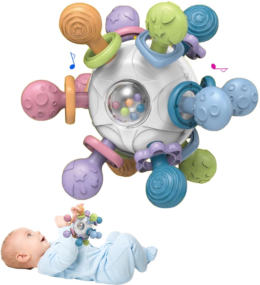 VONKELIOS® Bijt- en rammelspeelgoed, sensorisch speelgoed en vroege stimulatie, Montessori tandengom-speelgoed, verlicht tandpijn tijdens het doorkomen van tanden, vermindert vingerzuigen, fopspeen voor baby.