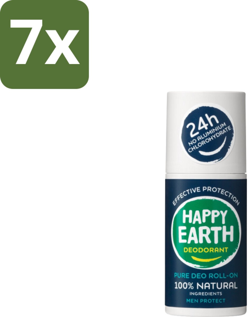 Happy Earth – Deodorant Roll-On – 100% Natuurlijk Men Protect – 75 ml - Bulkverpakking - 7 stuks
