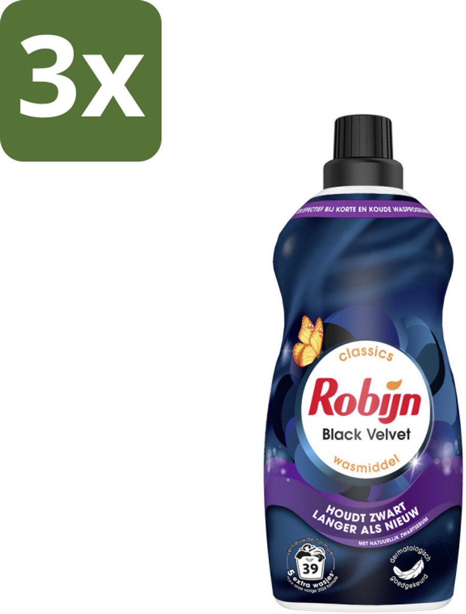 Robijn – Vloeibaar Wasmiddel – Klein & Krachtig Black Velvet – 1,19 L - Bulkverpakking - 3 stuks