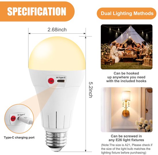 Oplaadbare lamp 2 stuks - E27 oplaadbare lamp met afstandsbediening - 7w 2000mah dimbare lamp - Oplaadbare lampen voor binnen - Oplaadbare campinglamp - Werkt bij stroomuitval — afbeelding 3